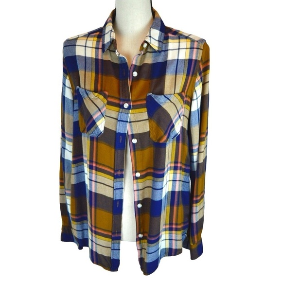Mossimo Boyfriend Fit Navy & Rust Plaid Button Down Shirt, Medium - Picture 1 of 9